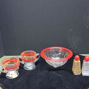 Vintage Hazel Atlas bowl, Anchor Hocking salt & pepper/Kent Chicago MCM sugar cr